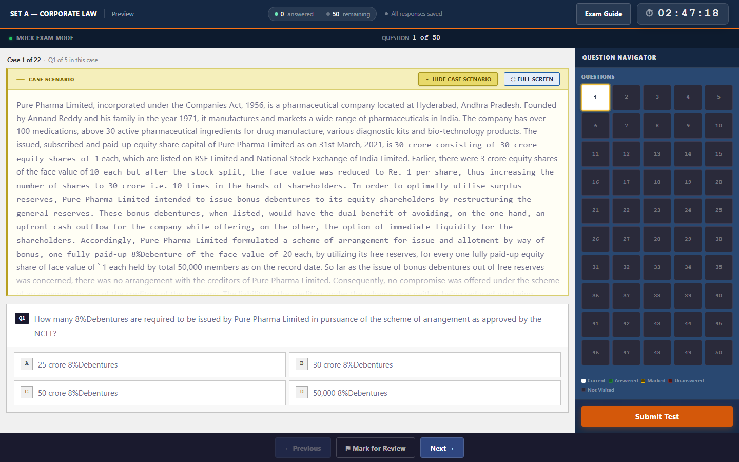 Full-screen exam interface with timer and question palette