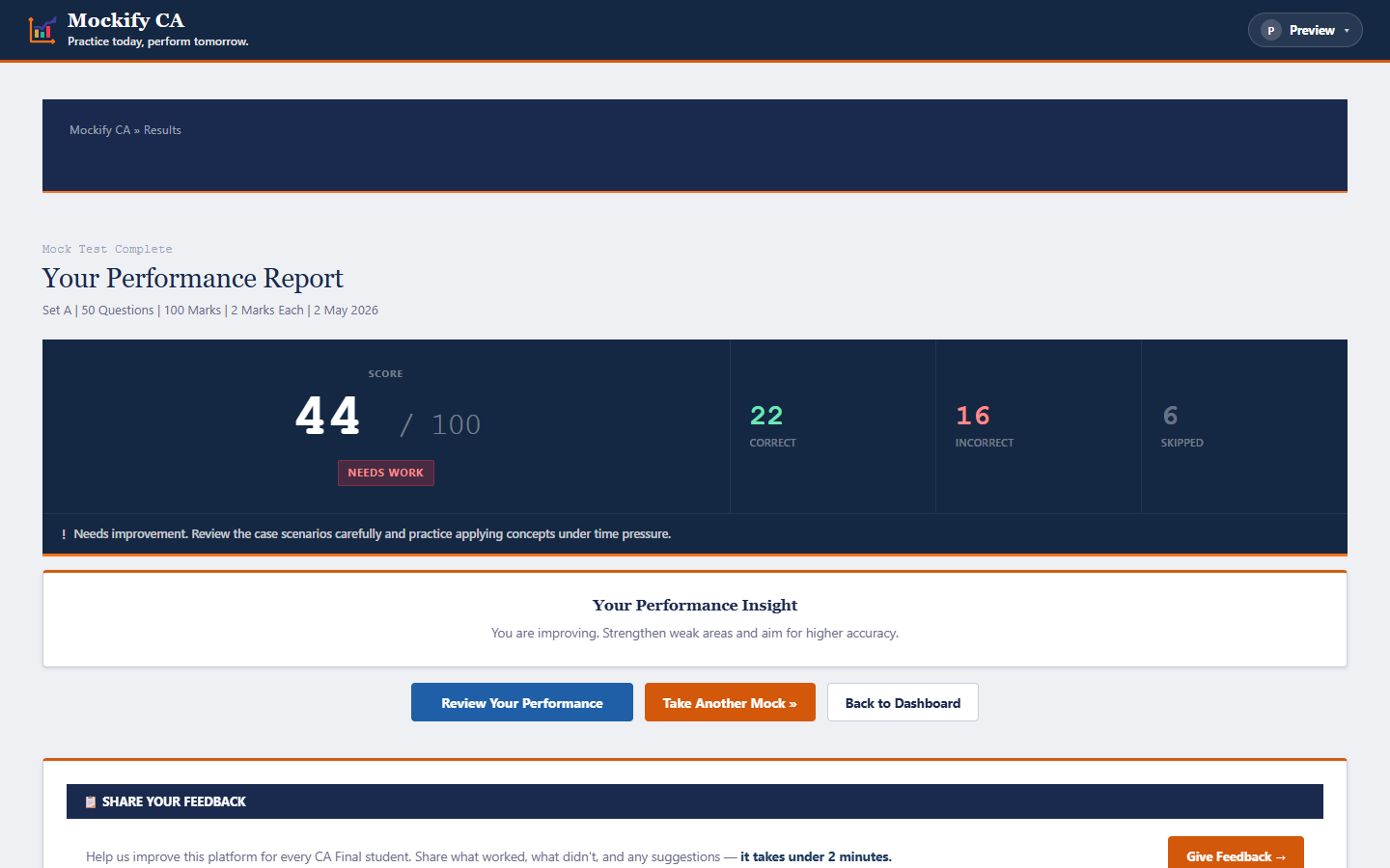 Result page with score summary and review actions
