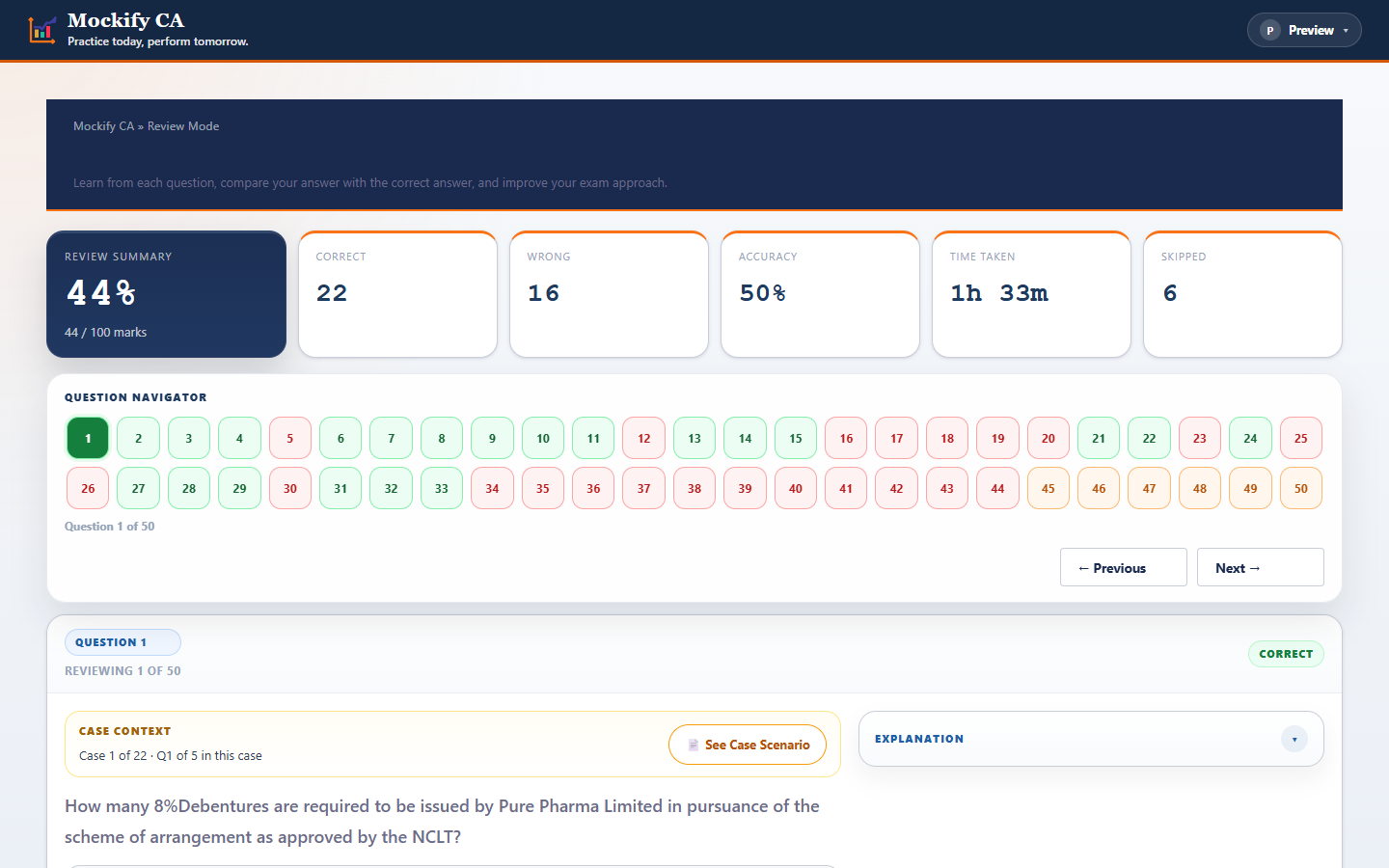 Review your performance page with answer status and explanations