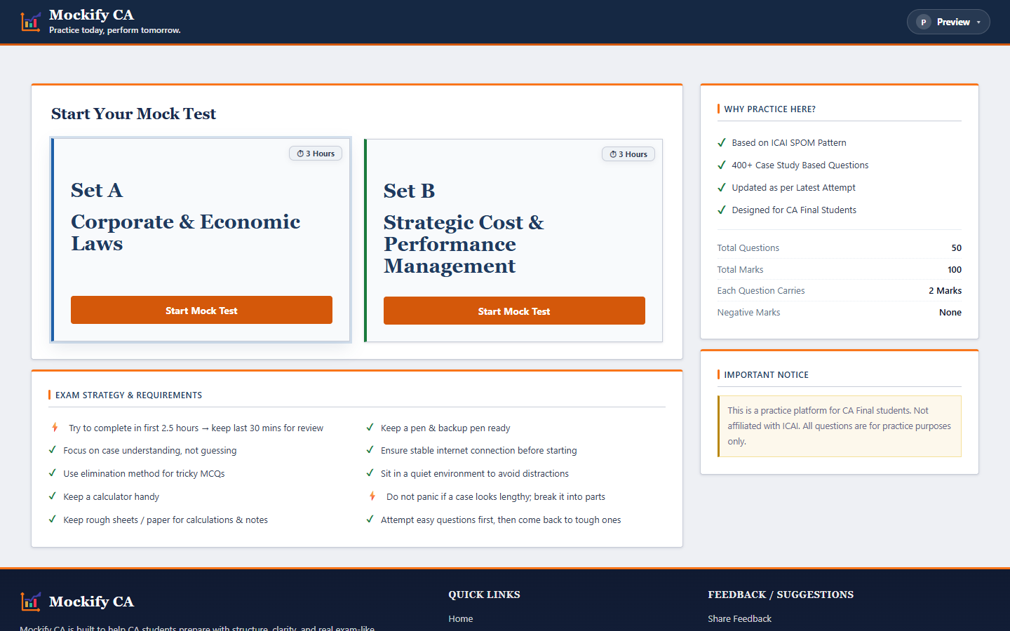Set selection page with Set A and Set B cards